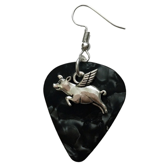 𝅺HAND Crafted Drop Earrings When Pigs Fly Repurposed Guitar Picks - Picture 3 of 6